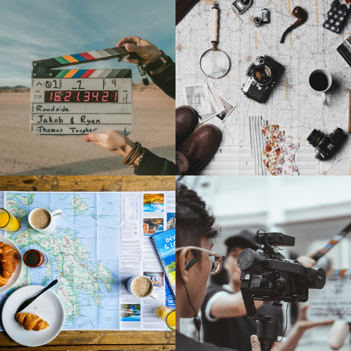 Collage illustrant des circuits immersifs dans les lieux de tournage de films et séries cultes, mettant en avant des claps de cinéma, des cartes de voyage personnalisées, des guides spécialisés et des scènes iconiques de tournage. Découvrez des expériences uniques pour revivre vos scènes préférées et explorer les décors mythiques.