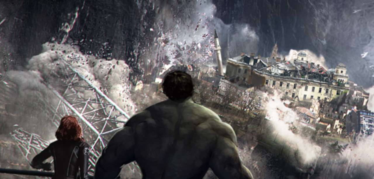 Black Widow et Hulk de dos face à une ville de Londres détruite